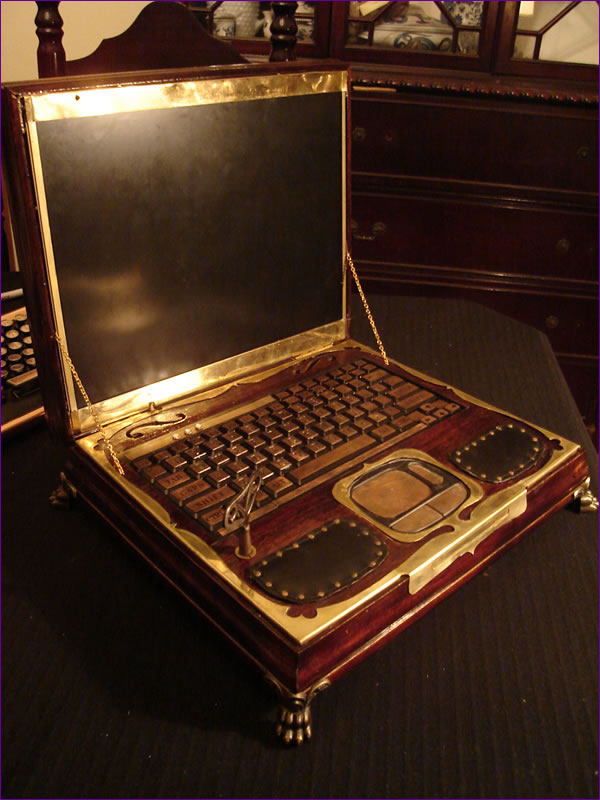 The steampunk laptop, open